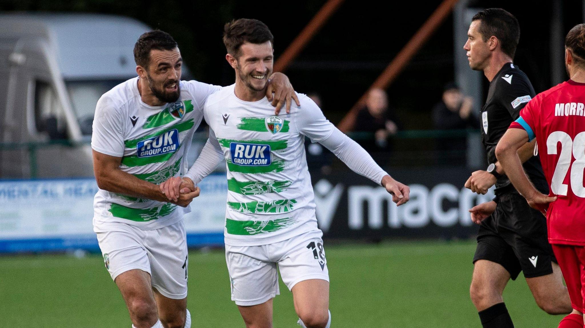 Rory Holden celebrates after scoring for Saints against Decic in last season's Champions League qualifiers