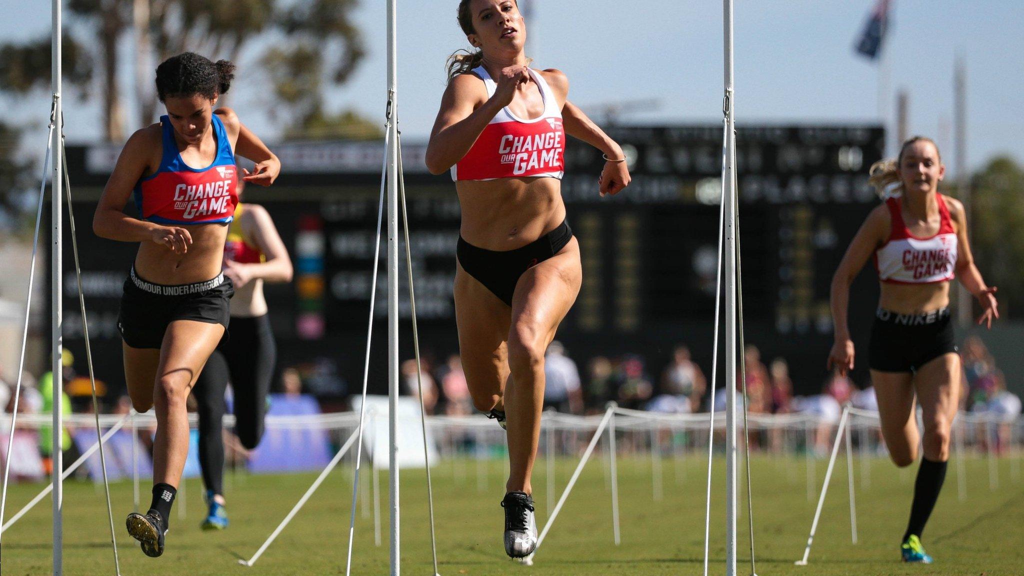STAWELL, AUSTRALIA - APRIL 20: Bree Masters (centre) wins her heat during the 2019 Stawell Gift at Central Park on April 20, 2019 in Stawell, Australia. (Photo by Luke Hemer/Getty Images)