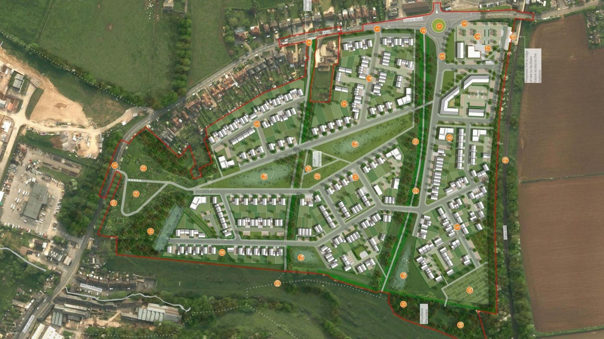 Computer-generated plans for the development of more than 300 homes on land in Crewkerne, Somerset