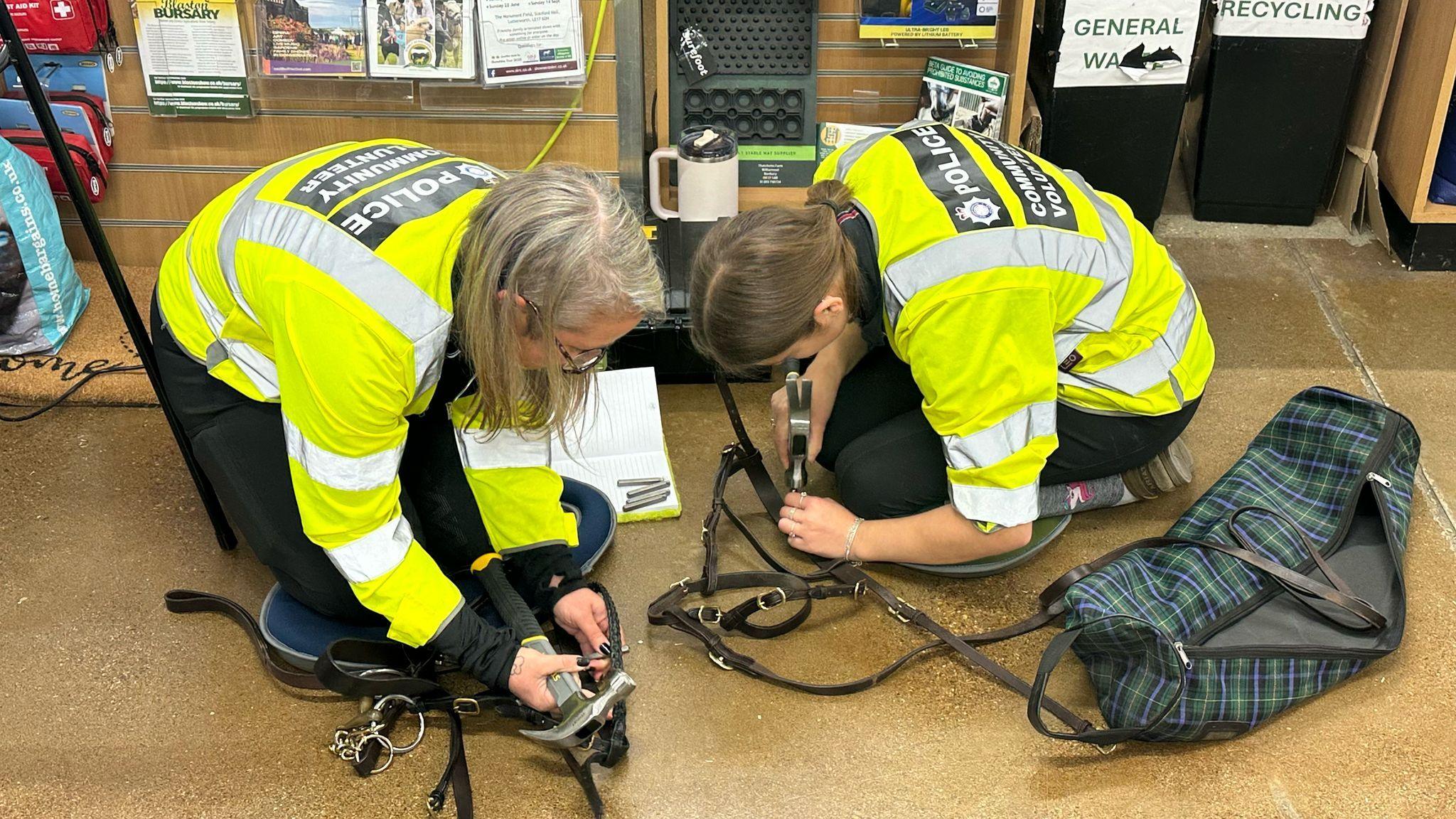 Police officers tack marking equestrian equipment including a bridle.
