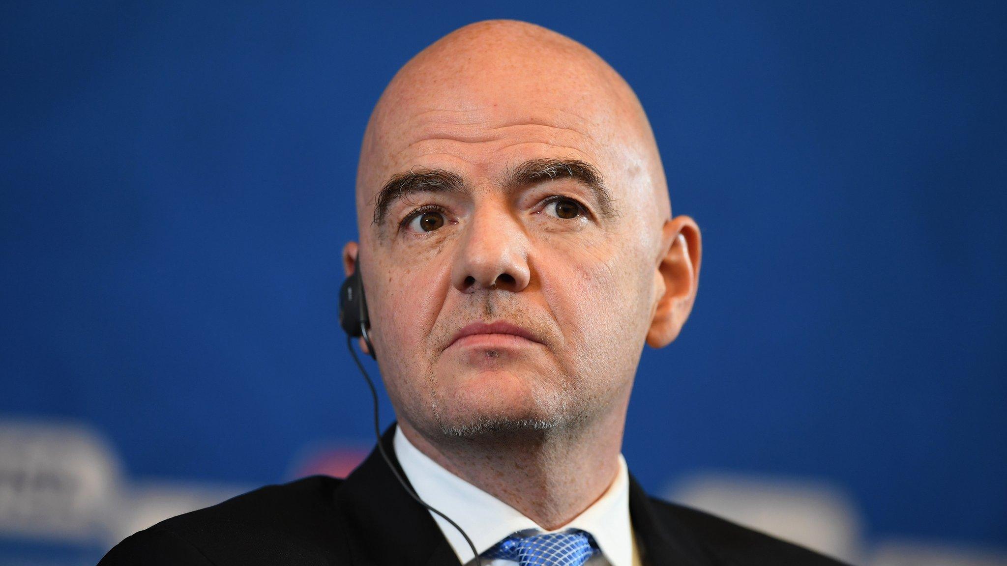 Fifa president Gianni Infantino looks on during a news conference for the 2018 World Cup draw