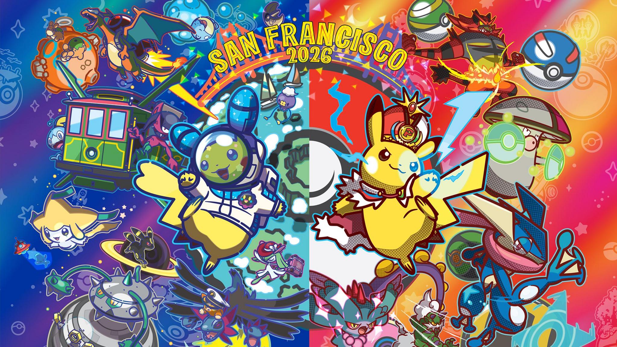Logo for the Pokemon world championships shown in red and blue