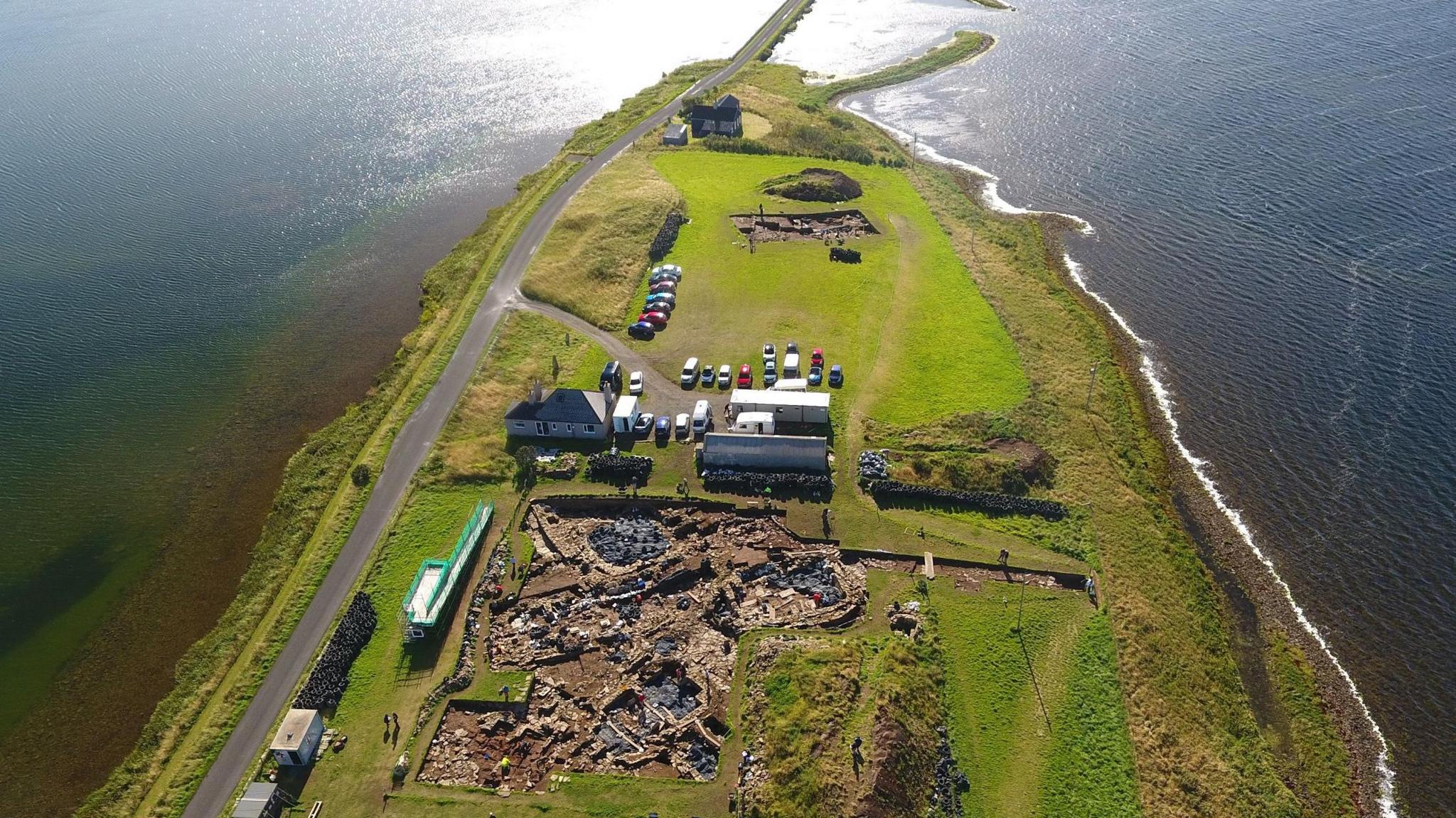 An aerial view of the Ness of Brodgar showing the dig area