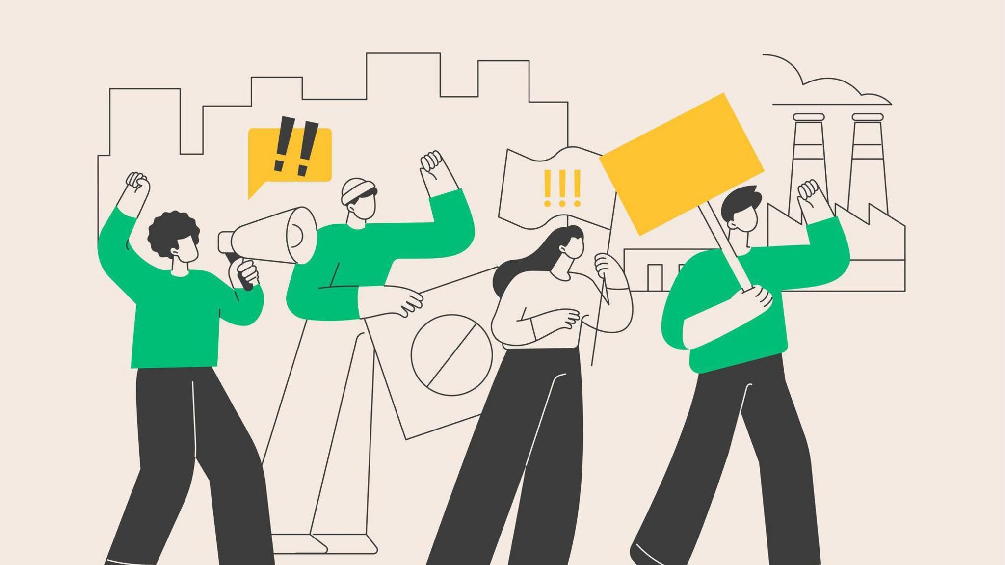 An illustration of a group of four people protesting holding up signs and placards, one person holds a megaphone, in the background is the outline of buildings and a factory.