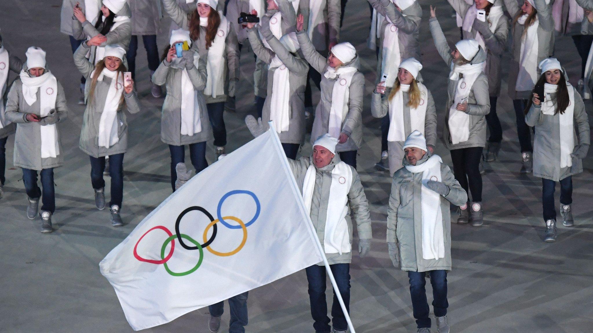 Olympic Athletes from Russia parade at the opening ceremony