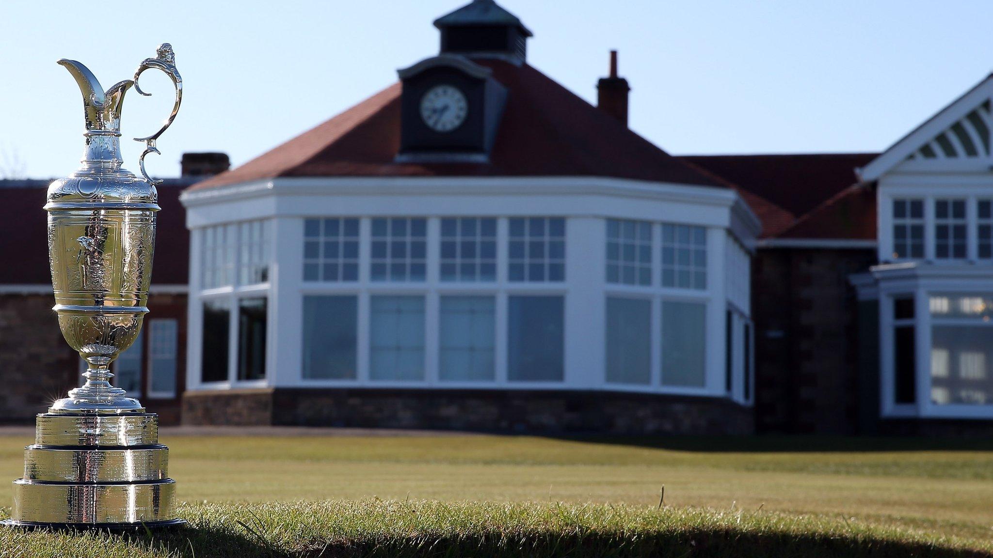 The Claret Jug positioned in front of the Muirfield clubhouse