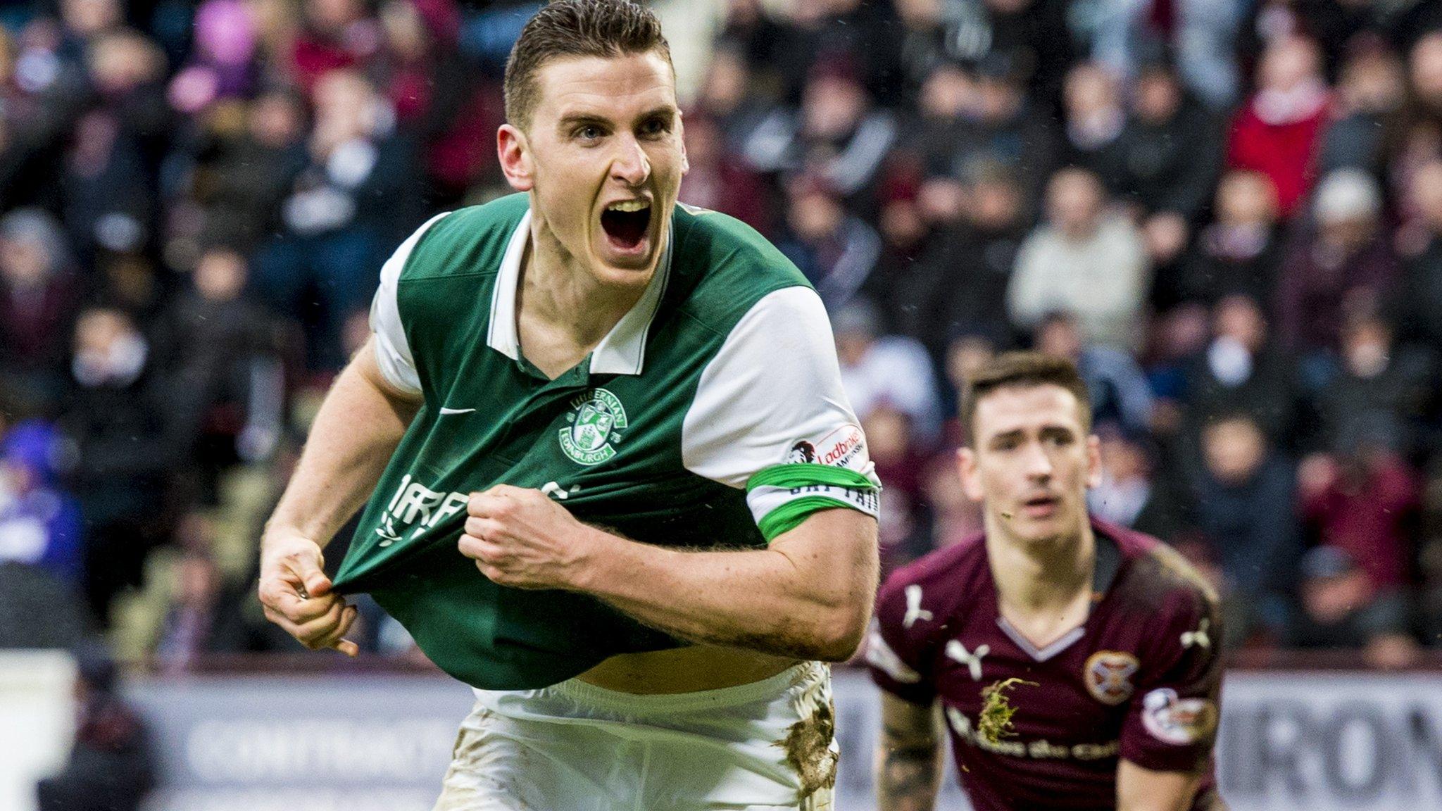 Paul Hanlon celebrates his late goal for Hibs