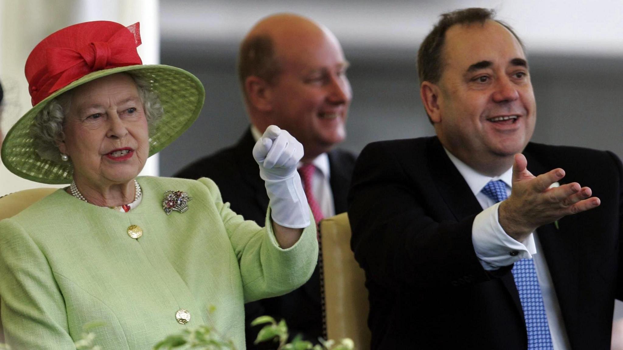 Her Majesty Queen Elizabeth II and Salmond attend the state opening of the Scottish Parliament in 2007, shortly after he was elected first minister