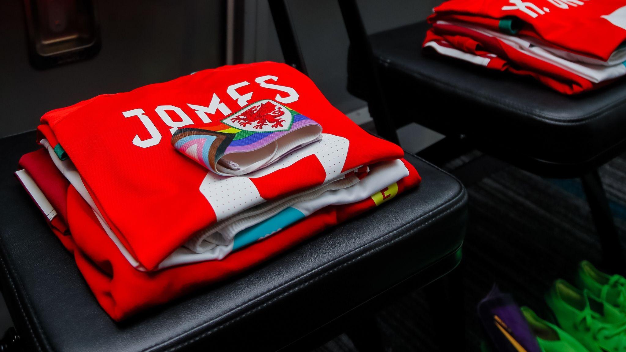 Angharad James' Wales kit and captain's armband laid out in the changing room