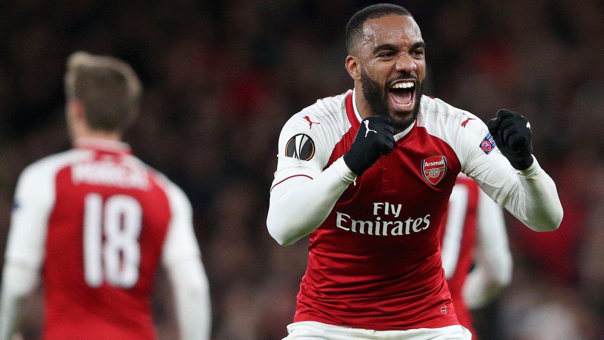 Alexandre Lacazette celebrates after scoring for Arsenal against CSKA Moscow in the Europa League