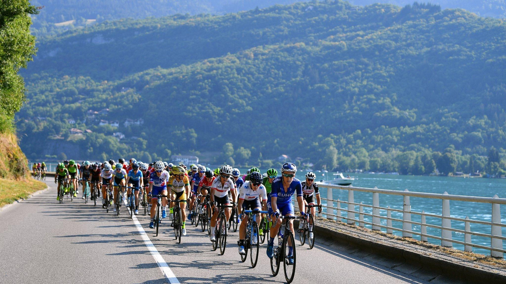 LE GRAND BORNAND, FRANCE - JULY 17: Rushlee Buchanan of New Zealand and Team UnitedHealthcare Women / Malgorzta Jasinska of Poland and Movistar Team / Eri Yonamine of Japan and Team Wiggle High5 / Peloton / during the 5th La Course 2018 - by Le Tour de France a 112,5km women's race from Annecy to Le Grand Bornand 943m on July 17, 2018 in Le Grand Bornand, France. (Photo by Justin Setterfield/Getty Images)