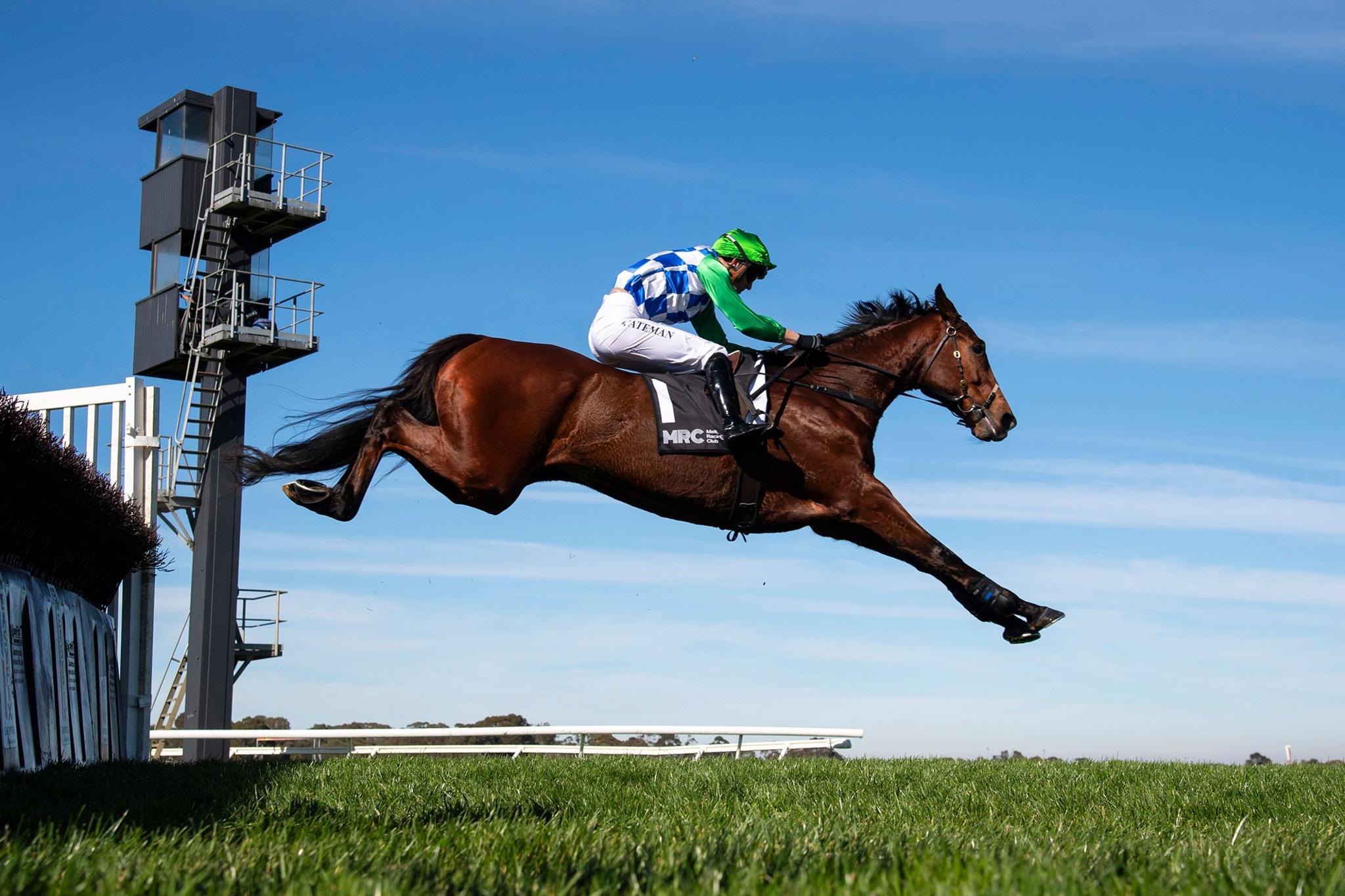 Steven Pateman riding Stern Idol jumps steeple before winning Race 1, the Ecycle Solutions Crisp Steeplechase during Melbourne Racing at Sandown Hillside. Photo by Vince Caligiuri