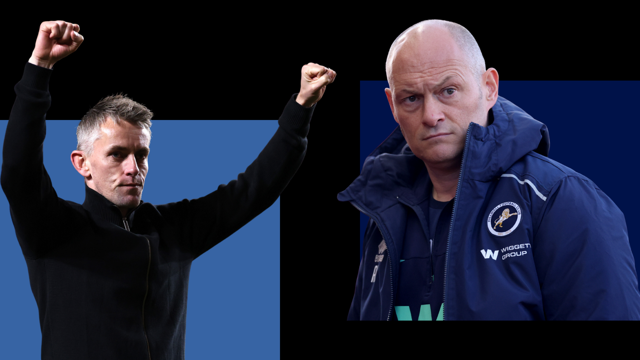 Side-by-side images of Ipswich Town boss Kieran McKenna holding out his arms in celebration while wearing a black zip up jacket and Alex Neil looking in a blue Millwall coat