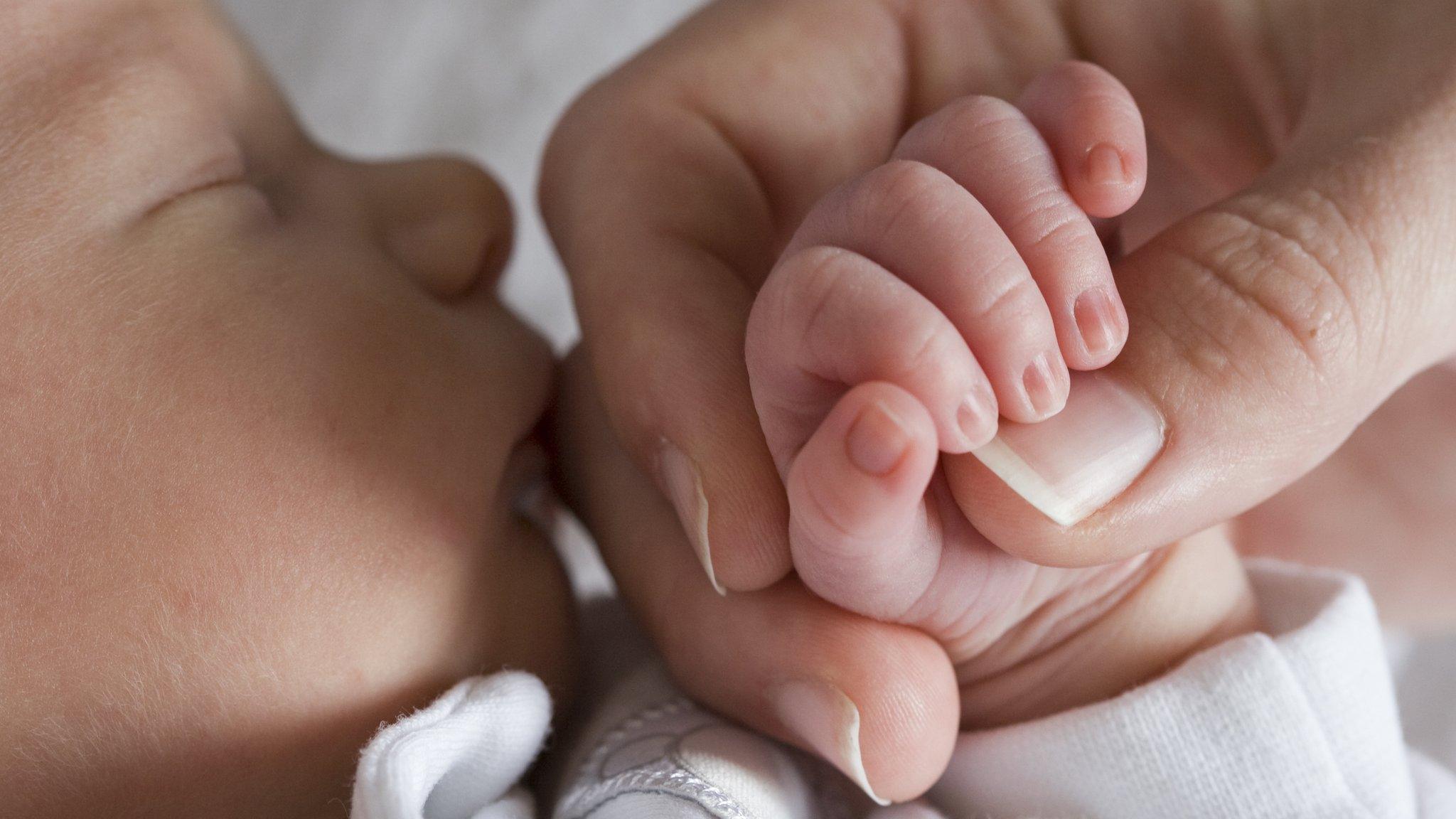 Newborn baby holding woman's hand