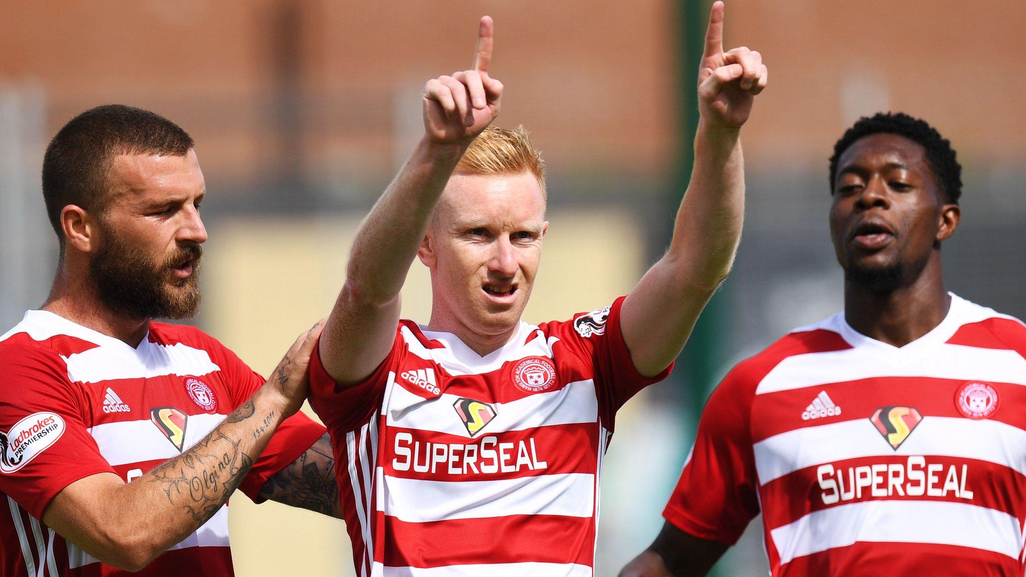 Hamilton's Ali Crawford (centre) celebrates his goal with Rakish Binghamm (right) and Ioannis Skondras (left)