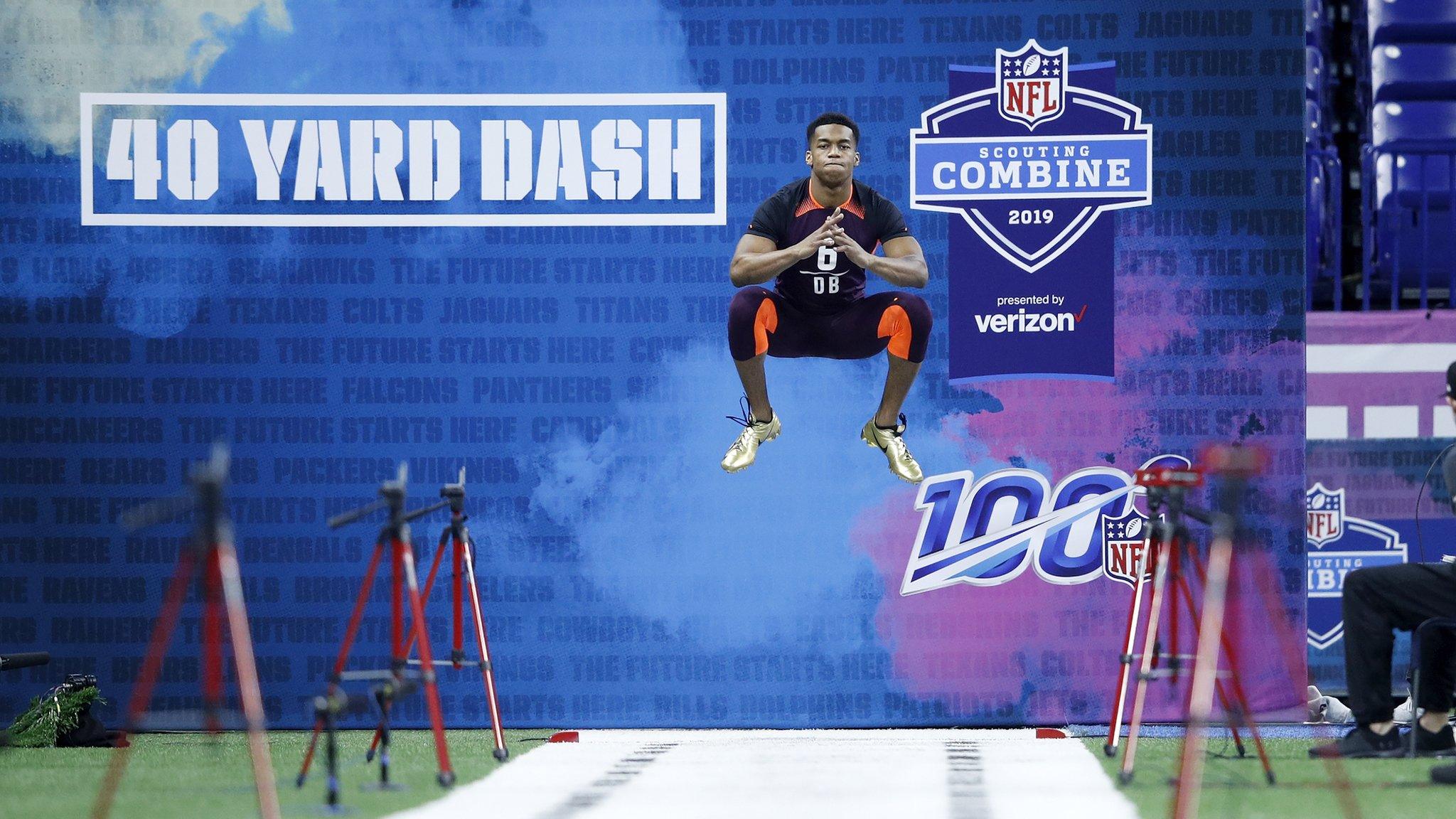 Defensive back Blace Brown of Troy gets ready to run the 40-yard dash during day five of the NFL Combine at Lucas Oil Stadium