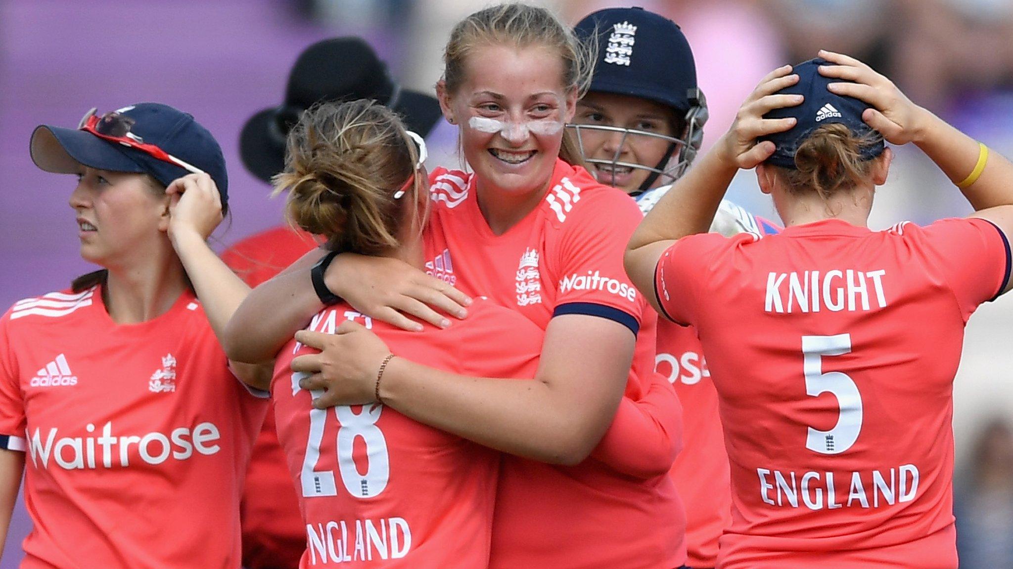 Sophie Ecclestone (centre) in T20 action for England women