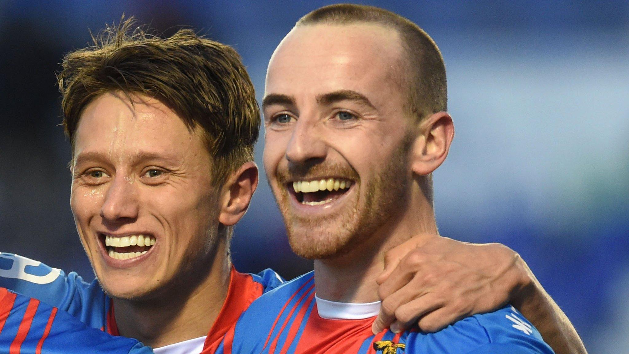 Danny Williams and James Vincent celebrate with Caley Thistle