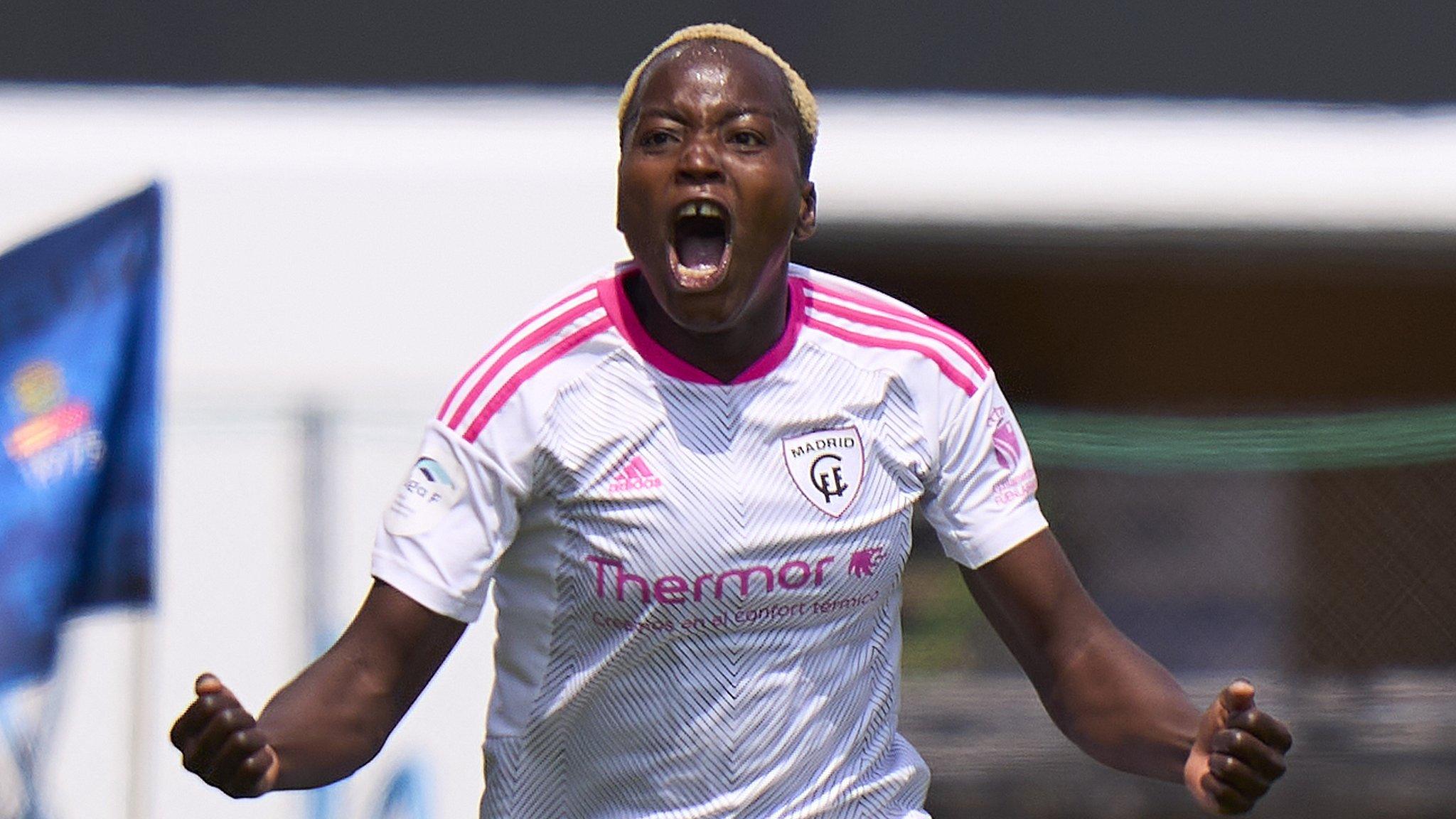 Racheal Kundananji celebrates a goal for Madrid CFF