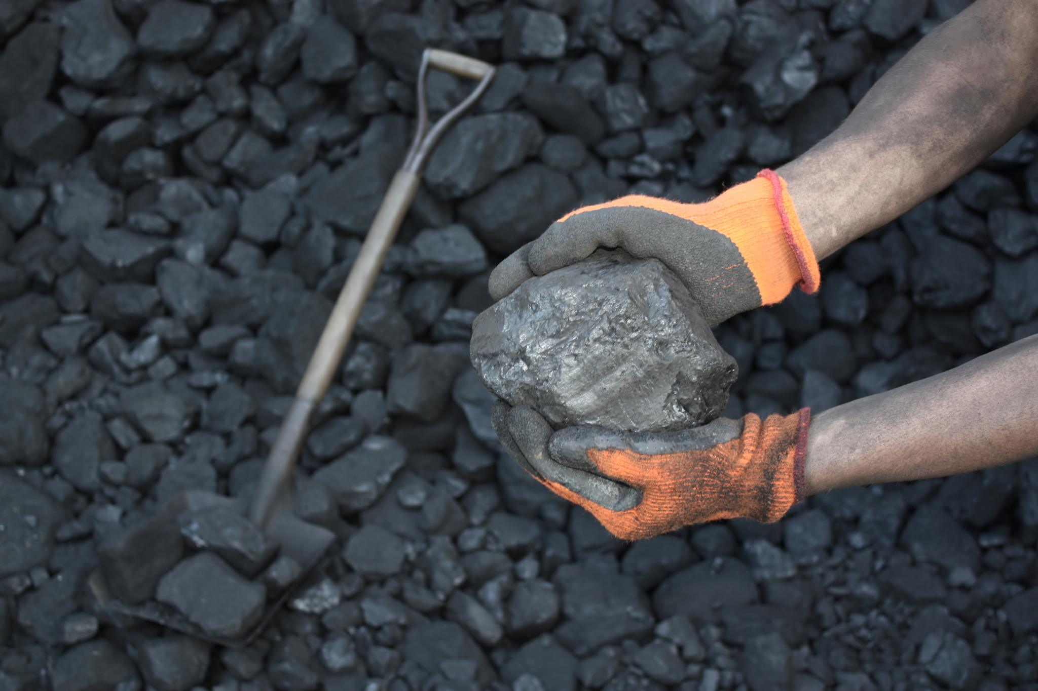 A lump of coal held by gloved hands