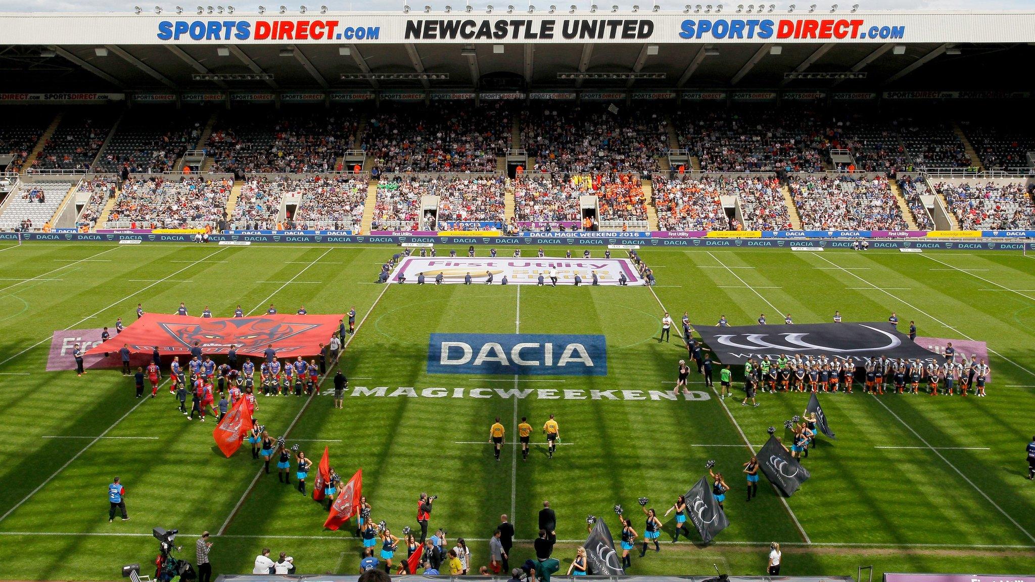 Salford Reds and Widnes Vikings walk on to the pitch at the start of the Dacia Magic Weekend match at St James' Park