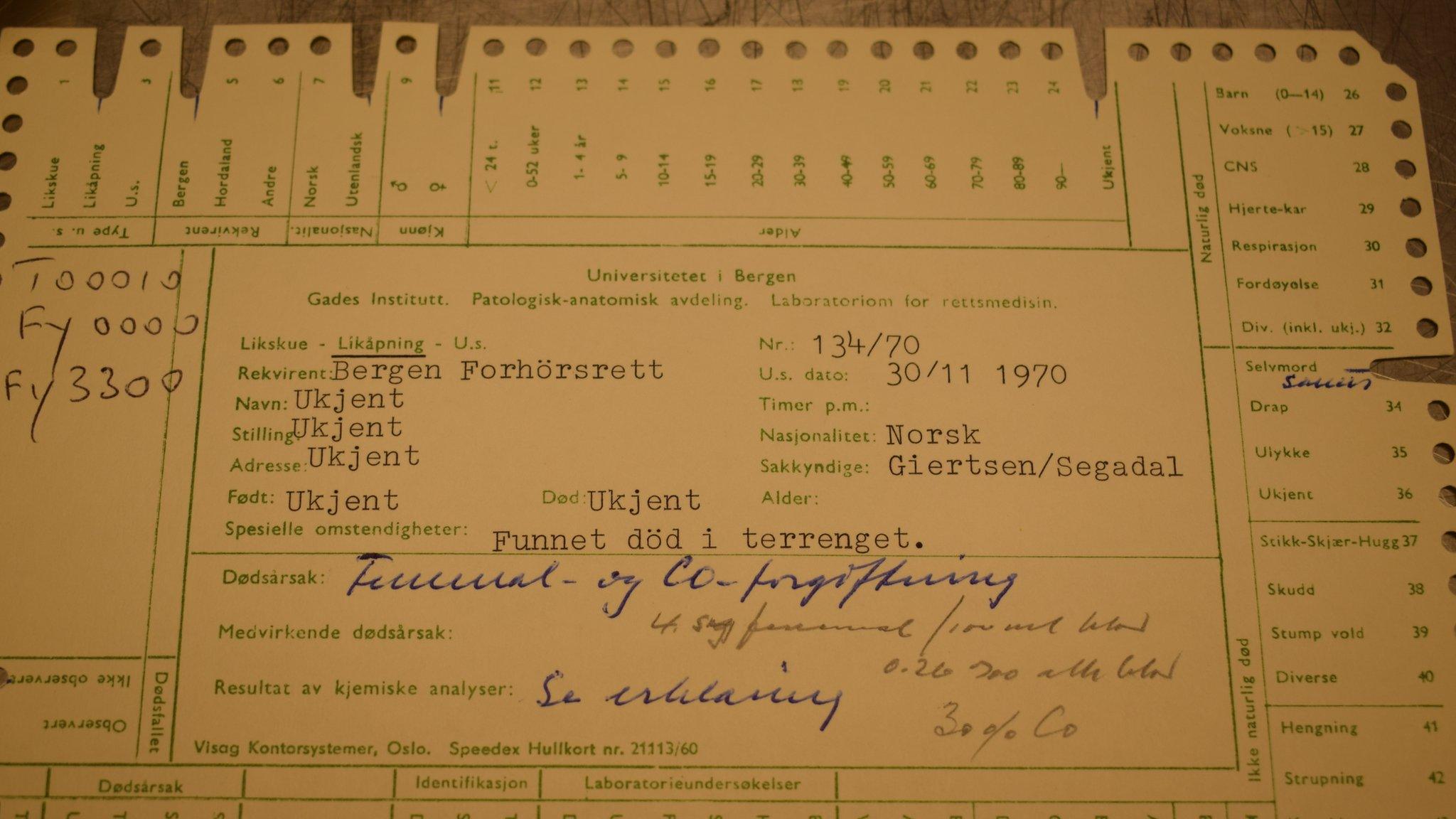 The original forensic card summarising the autopsy findings over the Isdal Woman's death