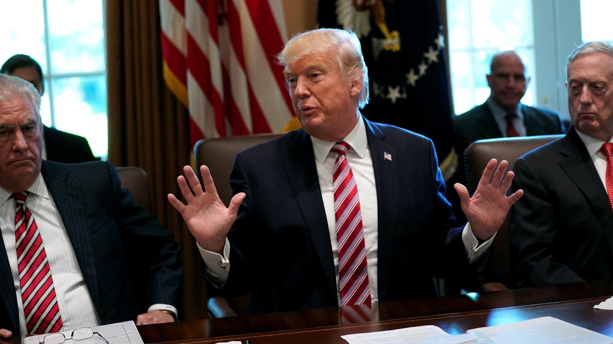 President Donald Trump, flanked by Secretary of State Rex Tillerson (L) and Defence Secretary James Mattis (R)