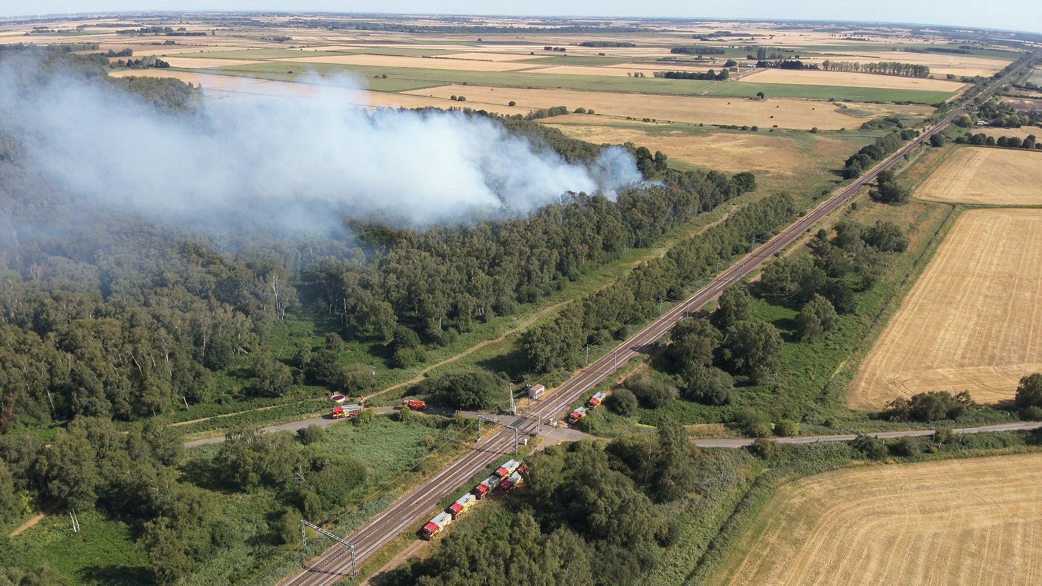A drone image of a field where smoke can be seen in the sky, with trees burning and red fire engines parked on the side road.
