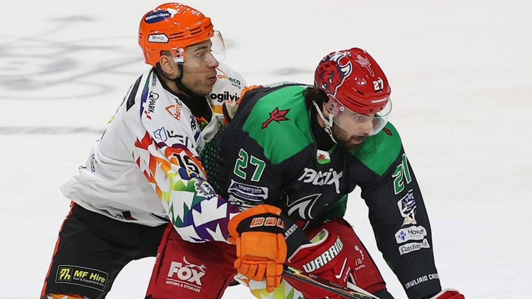  Cardiff Devils' Kristoff Kontos is challenged by Sheffuled Steelers Stephen Harper