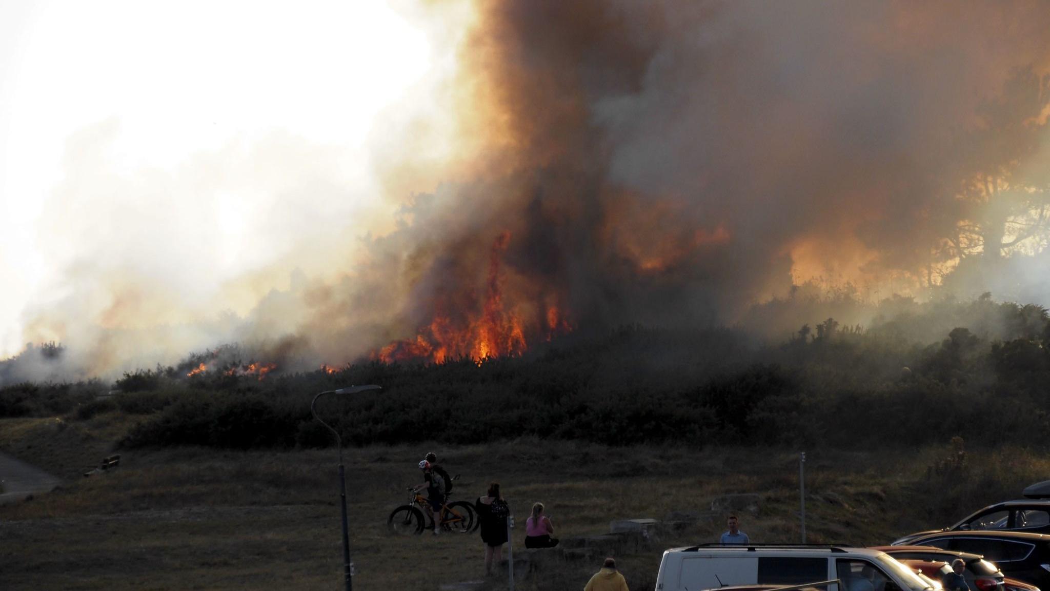 Orange flames and grey smoke on heathland. In the foreground are onlooking families and cars in a car park.