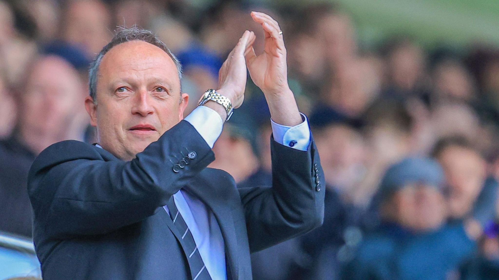 Derby County owner David Clowes claps his hands at Pride Park