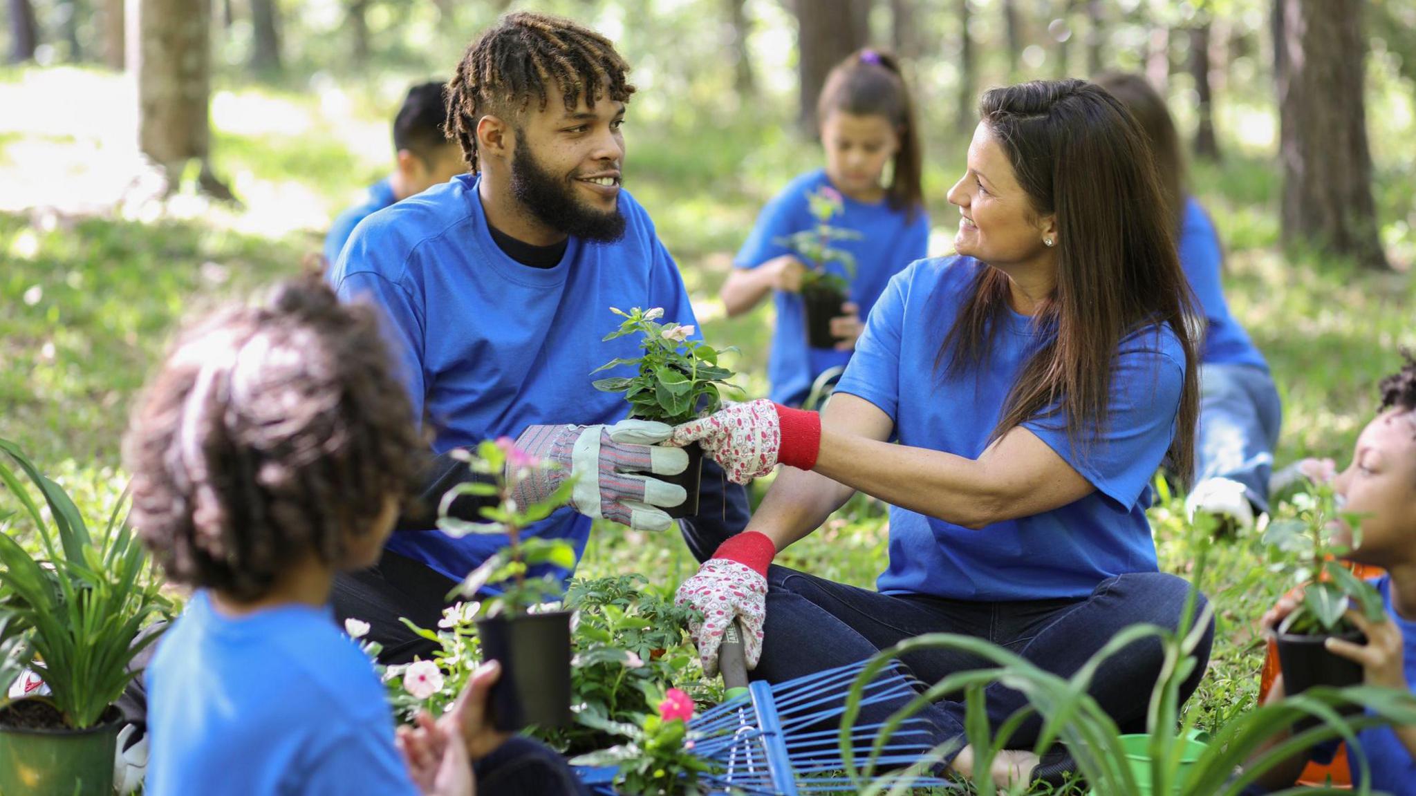 Volunteers planting flowers