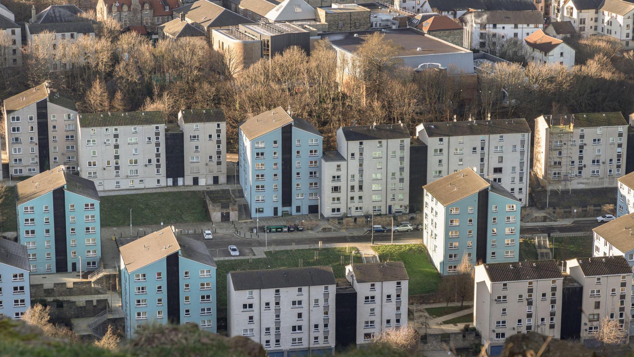 several tower blocks painted blue and white in the middle of a housing estate