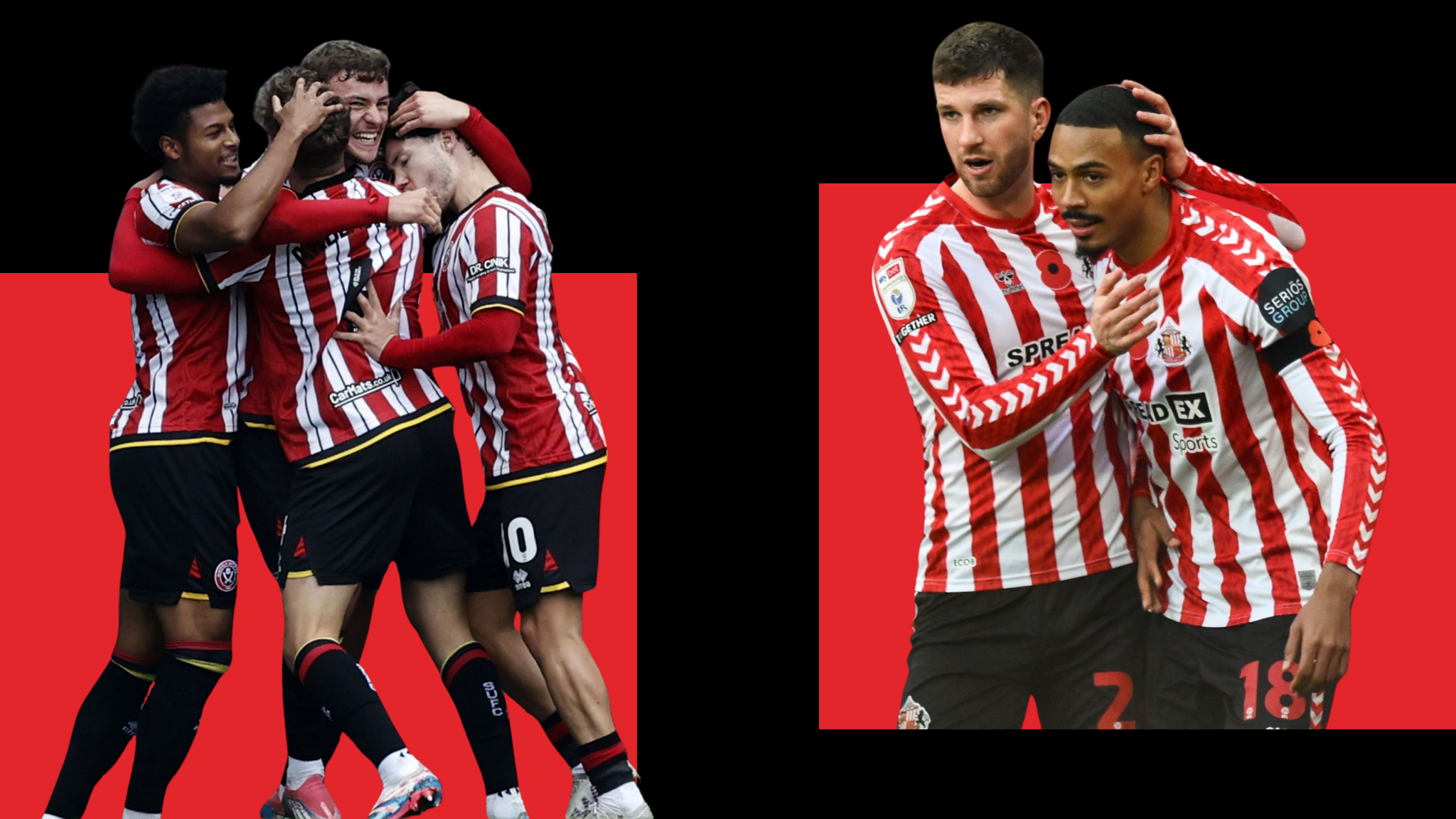 Players from Sheffield United and Sunderland celebrate in separate images 