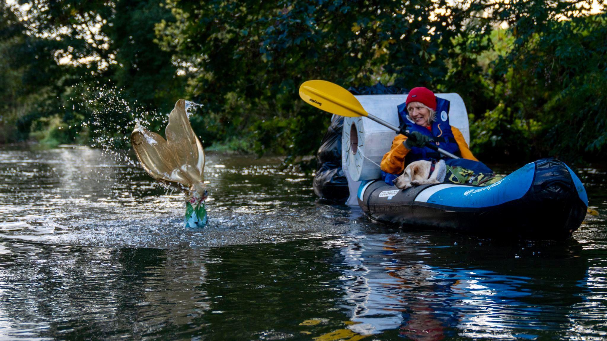 Mermaid fin sticking out of the water and a woman in a blue life vest with a dog in her lap in a paddle boat beside her. The back of the boat looks like a giant toilet roll.