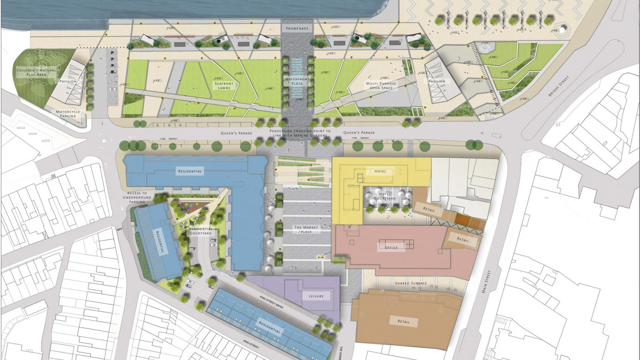 A plan of the Queen's Parade project, showing public realm, residential, office, retail, leisure and hotel spaces.