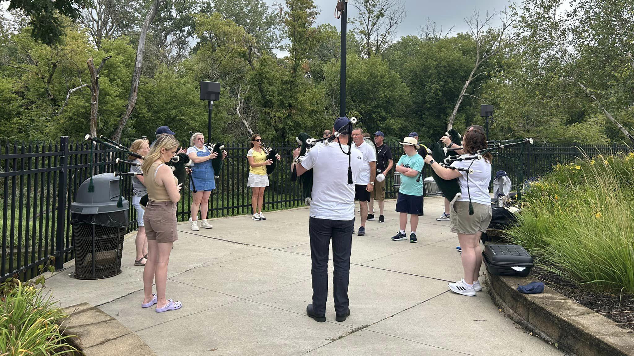 Members of the Arranmore pipe band practising in America