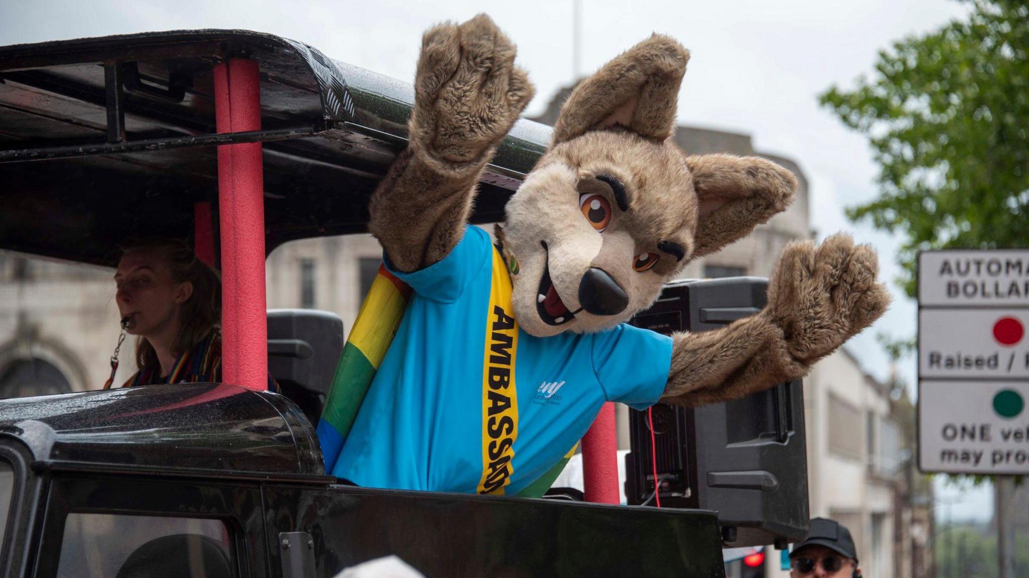 A person wearing a wolf costume leans out of a vehicle and waves. They are wearing a blue shirt, a rainbow-coloured cape and a yellow sash that says "ambassador". A woman can be seen blowing a whistle next to him in the vehicle.