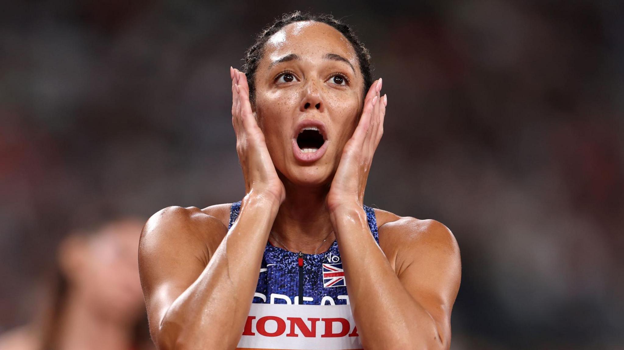 Katarina Johnson-Thompson reacts after her world bronze is confirmed 
