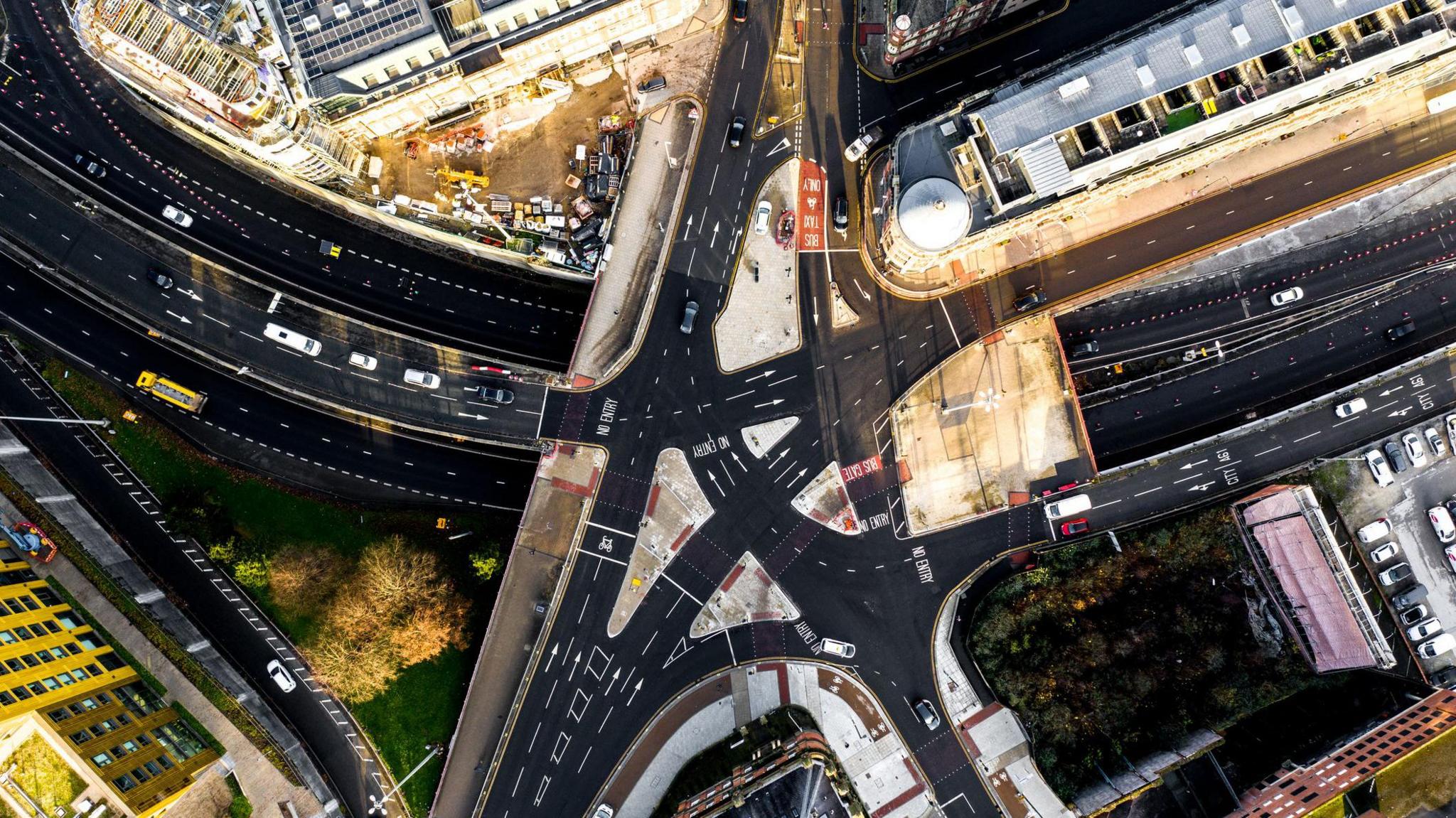 A series of complicated road junctions seen from overhead