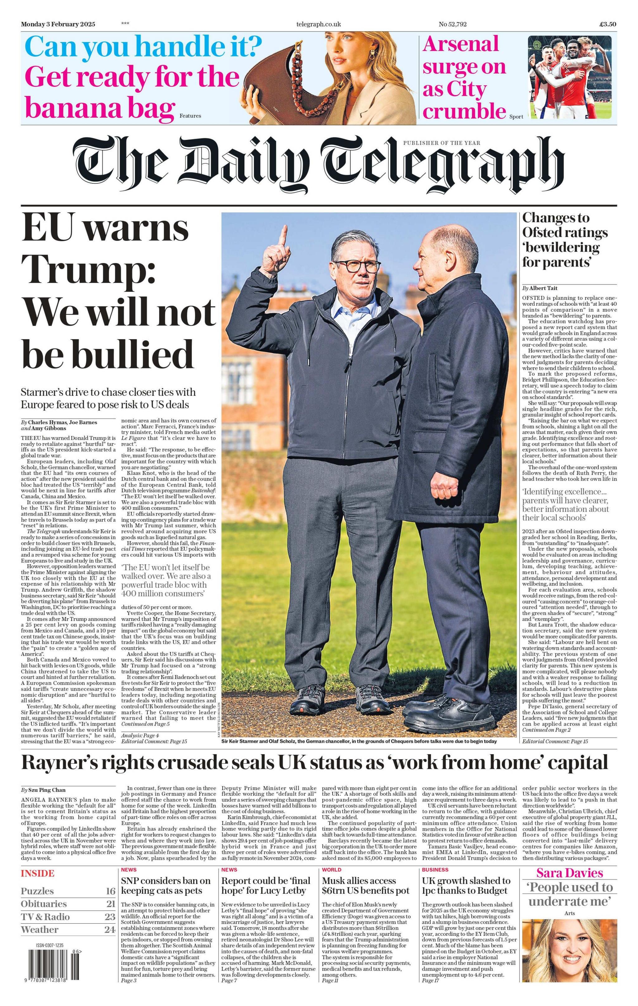 The headline on the front page of the The Daily Telegraph reads: “EU warns Trump: We will not be bullied". 