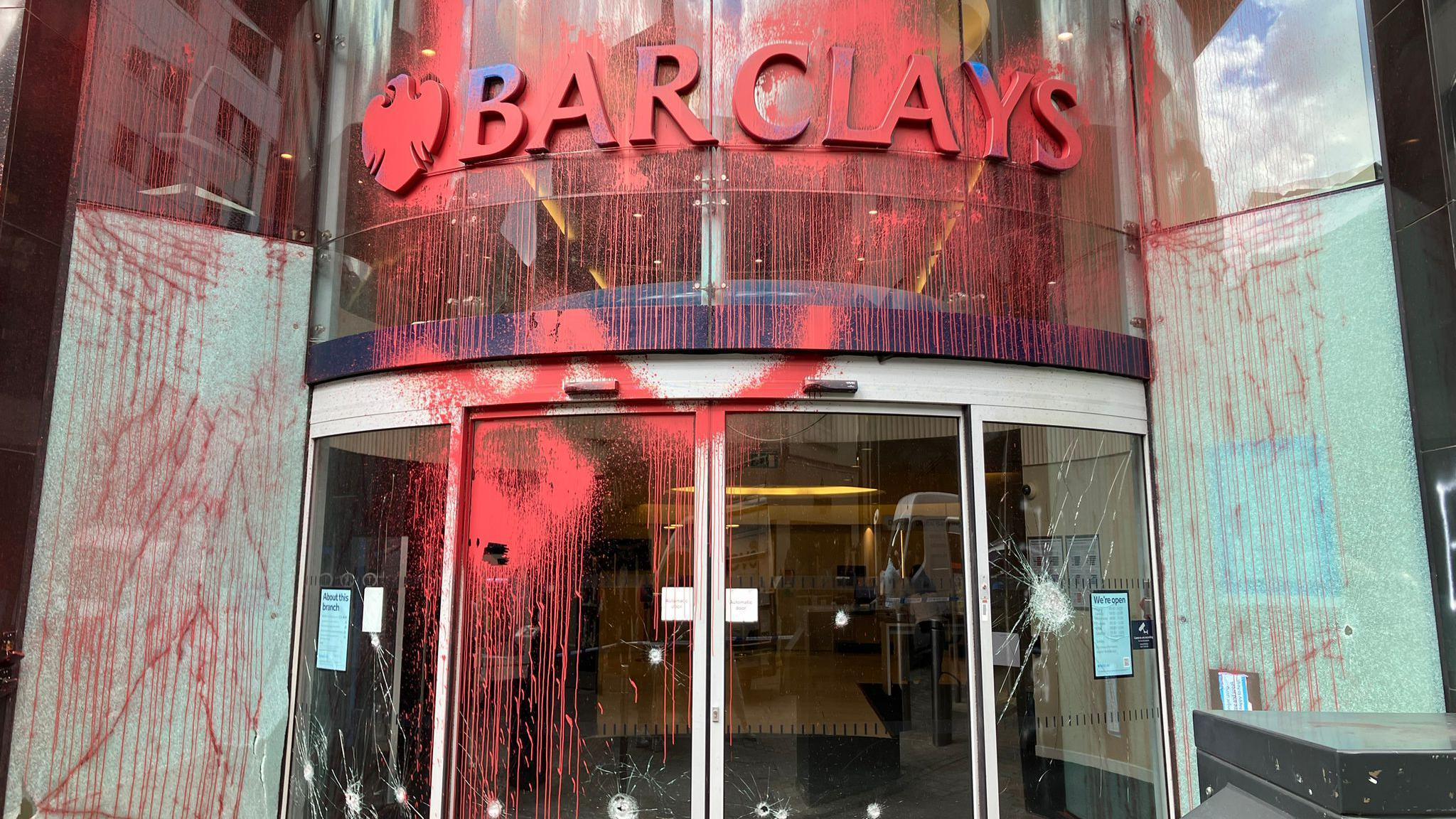 Barclays Bank in Leeds covered in red paint