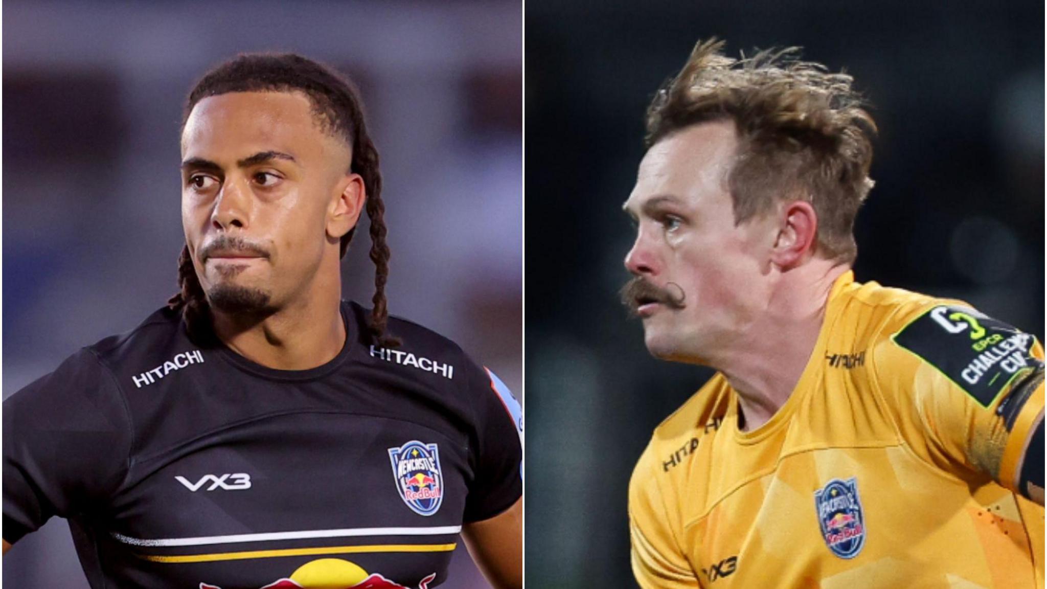 Left: Elliot Obatoyinbo in a Newcastle home shirt and his hands on his hips
Right: Sam Stuart, complete with handlebar moustache, in a yellow Newcastle kit, about to make a pass 
