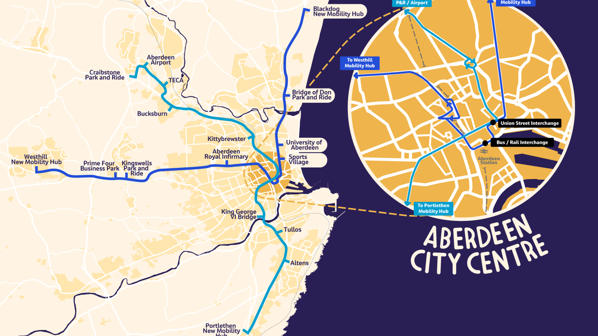 Map of Aberdeen showing proposed locations. The lines are different shades of blue.