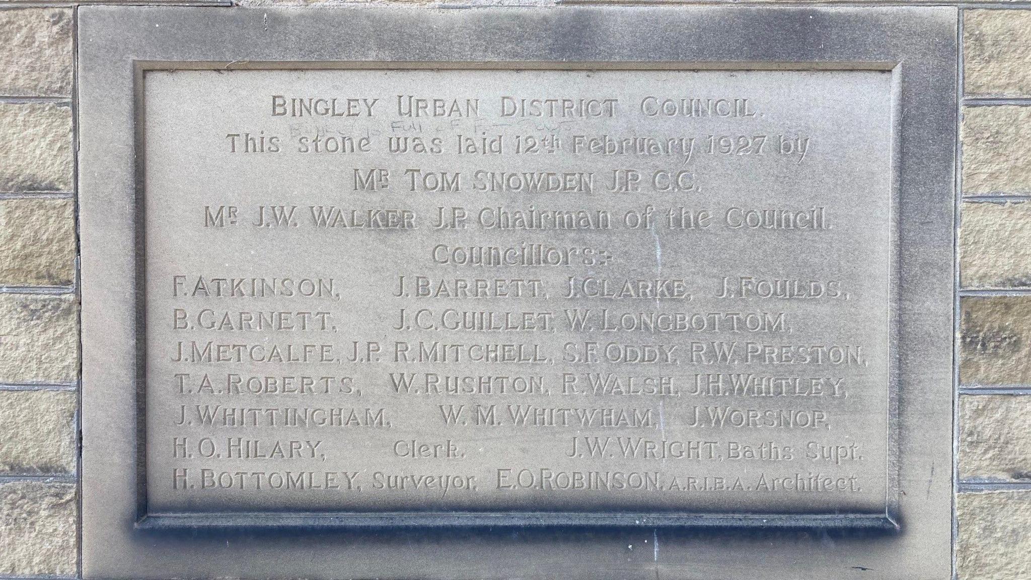 Close up of a foundation stone laid on 12 February 1927 by members of Bingley Urban District Council