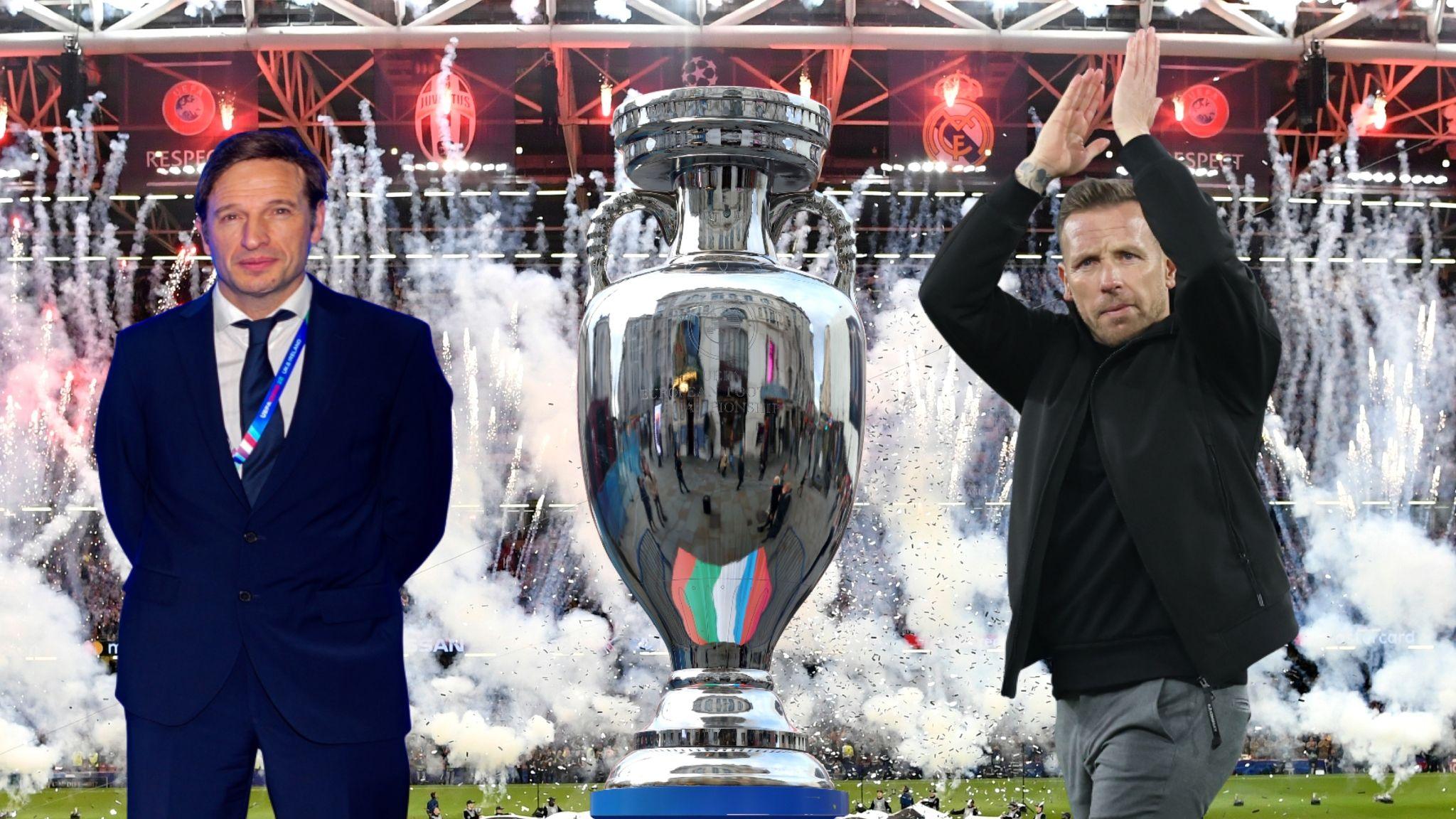 A montage of Noel Mooney, a replica Euro Trophy and Craig Bellamy applauding - over a backdrop of fireworks at the Principality Stadium