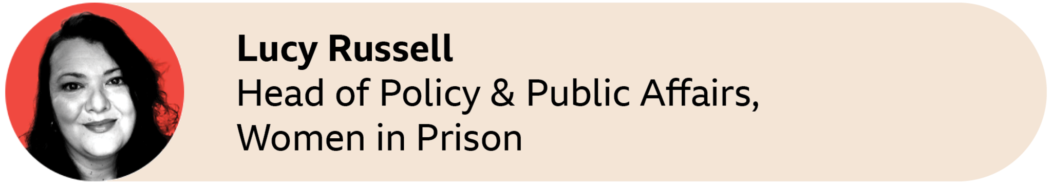 A red circle with a picture of Lucy Russell, Head of Policy and Public Affairs, Women in Prison