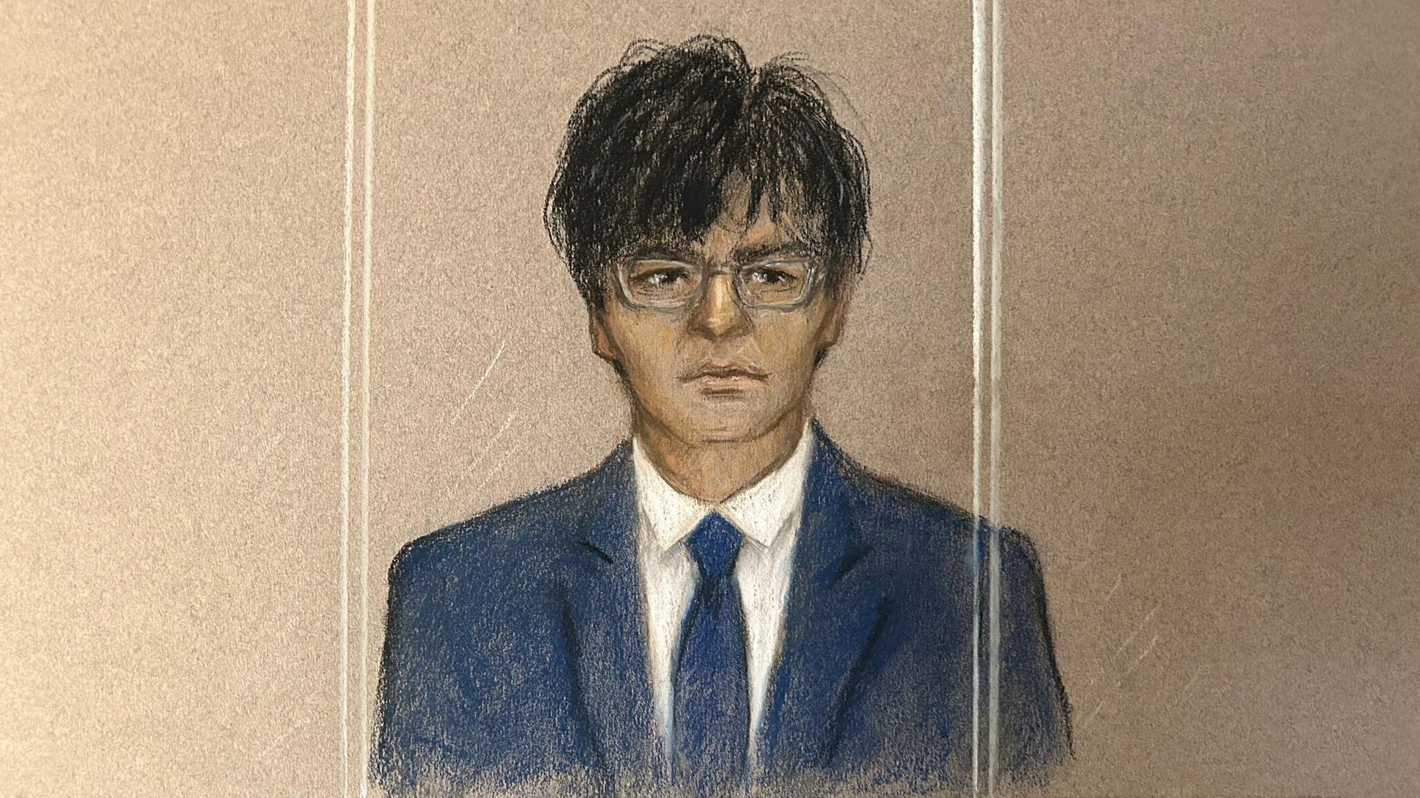 Court sketch of Zhenhao Zou, a man with black hair wearing a blue suit, white shirt and blue tie, sitting in the dock behind glass panels earlier in the trial