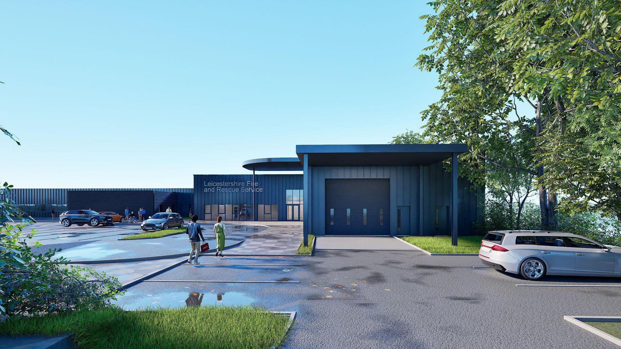 CGI image showing a proposed base with an entrance sign which reads Leicestershire Fire and Rescue Service