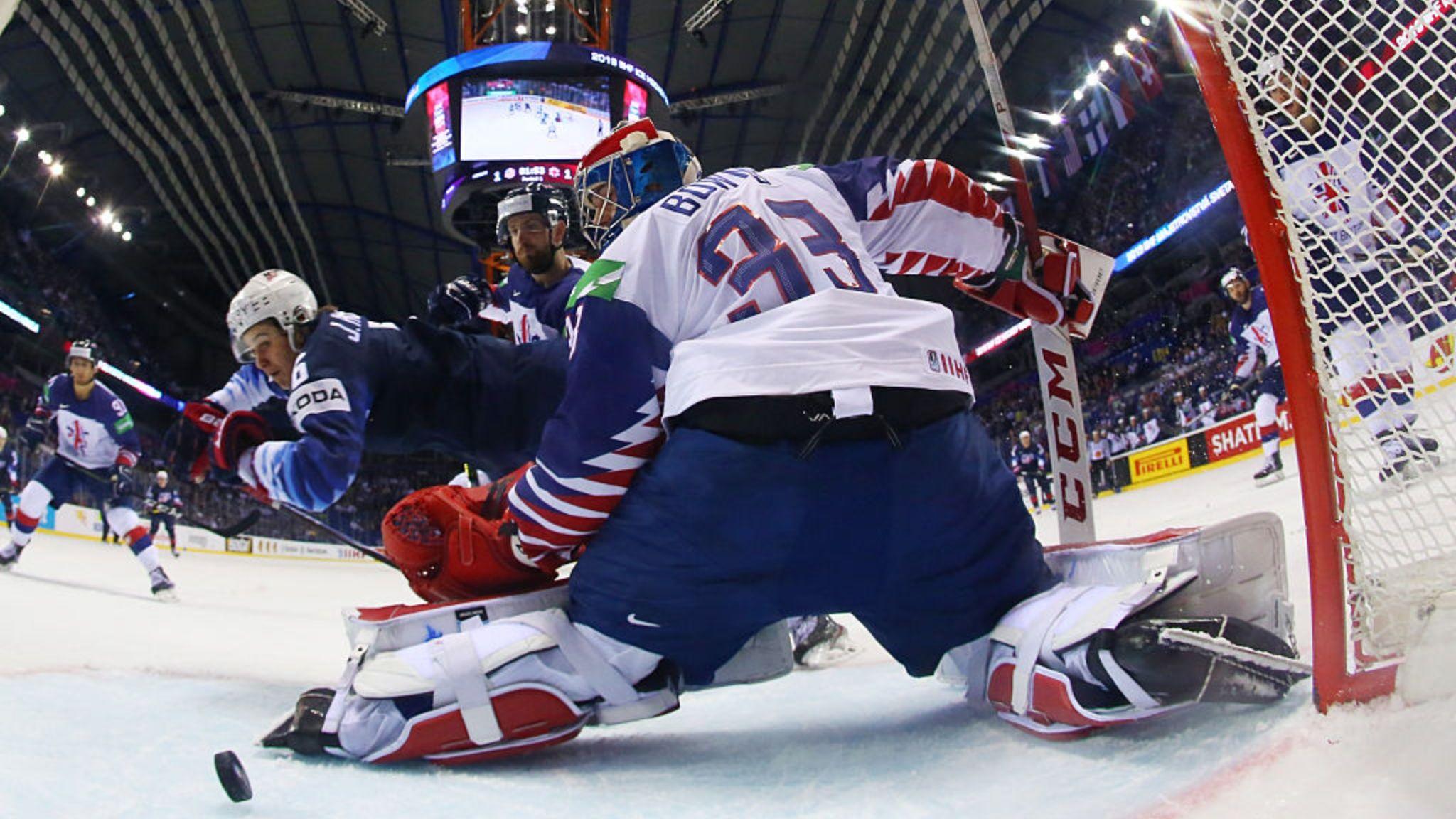 View from the net as Ben Bowns tries to make a save playing for Great Britain